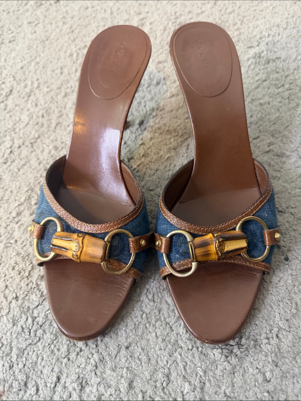 Vintage Gucci Blue Denim And Leather Trim Horsebit Open Toe Sandals